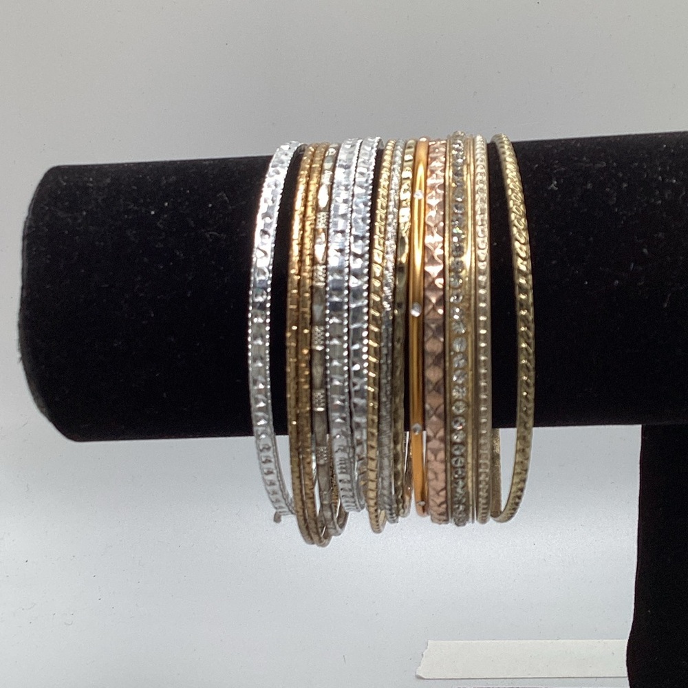 Tri-Tone Stackable Bangle Bracelet Set - Gold, Silver, Rose Gold